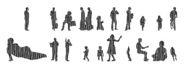 Vektör siluetleri, insanların ana hatları, Contour çizimleri, insanların siluetleri, ikon kümesi izole edilmiş, oturan insanların silueti, mimari set