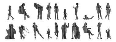 Vektör siluetleri, insanların ana hatları, Contour çizimleri, insanların siluetleri, ikon kümesi izole edilmiş, oturan insanların silueti, mimari set