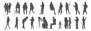 Vektör siluetleri, insanların ana hatları, Contour çizimleri, insanların siluetleri, ikon kümesi izole edilmiş, oturan insanların silueti, mimari set