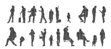 Vektör siluetleri, insanların ana hatları, Contour çizimleri, insanların siluetleri, ikon kümesi izole edilmiş, oturan insanların silueti, mimari set