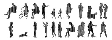 Vektör siluetleri, insanların ana hatları, Contour çizimleri, insanların siluetleri, ikon kümesi izole edilmiş, oturan insanların silueti, mimari set