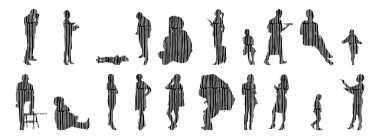 Vektör siluetleri, insanların ana hatları, Contour çizimleri, insanların siluetleri, ikon kümesi izole edilmiş, oturan insanların silueti, mimari set