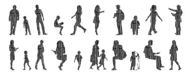 Vektör siluetleri, insanların ana hatları, Contour çizimleri, insanların siluetleri, ikon kümesi izole edilmiş, oturan insanların silueti, mimari set