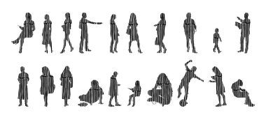 Vektör siluetleri, insanların ana hatları, Contour çizimleri, insanların siluetleri, ikon kümesi izole edilmiş, oturan insanların silueti, mimari set