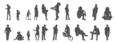 Vektör siluetleri, insanların ana hatları, Contour çizimleri, insanların siluetleri, ikon kümesi izole edilmiş, oturan insanların silueti, mimari set