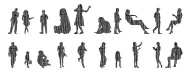 Vektör siluetleri, insanların ana hatları, Contour çizimleri, insanların siluetleri, ikon kümesi izole edilmiş, oturan insanların silueti, mimari set