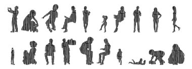 Vektör siluetleri, insanların ana hatları, Contour çizimleri, insanların siluetleri, ikon kümesi izole edilmiş, oturan insanların silueti, mimari set