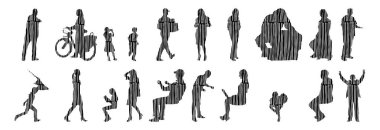 Vektör siluetleri, insanların ana hatları, Contour çizimleri, insanların siluetleri, ikon kümesi izole edilmiş, oturan insanların silueti, mimari set