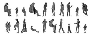 Vektör siluetleri, insanların ana hatları, Contour çizimleri, insanların siluetleri, ikon kümesi izole edilmiş, oturan insanların silueti, mimari set