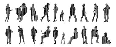 Vektör siluetleri, insanların ana hatları, Contour çizimleri, insanların siluetleri, ikon kümesi izole edilmiş, oturan insanların silueti, mimari set