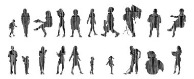 Vektör siluetleri, insanların ana hatları, Contour çizimleri, insanların siluetleri, ikon kümesi izole edilmiş, oturan insanların silueti, mimari set