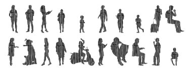 Vektör siluetleri, insanların ana hatları, Contour çizimleri, insanların siluetleri, ikon kümesi izole edilmiş, oturan insanların silueti, mimari set