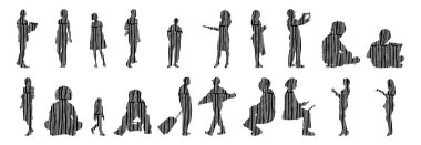 Vektör siluetleri, insanların ana hatları, Contour çizimleri, insanların siluetleri, ikon kümesi izole edilmiş, oturan insanların silueti, mimari set