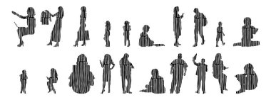 Vektör siluetleri, insanların ana hatları, Contour çizimleri, insanların siluetleri, ikon kümesi izole edilmiş, oturan insanların silueti, mimari set