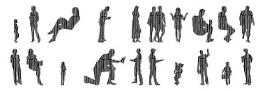 Vektör siluetleri, insanların ana hatları, Contour çizimleri, insanların siluetleri, ikon kümesi izole edilmiş, oturan insanların silueti, mimari set