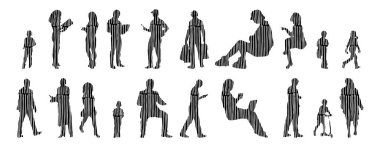 Vektör siluetleri, insanların ana hatları, Contour çizimleri, insanların siluetleri, ikon kümesi izole edilmiş, oturan insanların silueti, mimari set