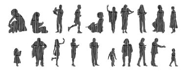 Vektör siluetleri, insanların ana hatları, Contour çizimleri, insanların siluetleri, ikon kümesi izole edilmiş, oturan insanların silueti, mimari set