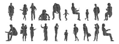 Vektör siluetleri, insanların ana hatları, Contour çizimleri, insanların siluetleri, ikon kümesi izole edilmiş, oturan insanların silueti, mimari set