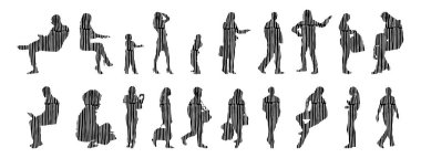 Vektör siluetleri, insanların ana hatları, Contour çizimleri, insanların siluetleri, ikon kümesi izole edilmiş, oturan insanların silueti, mimari set