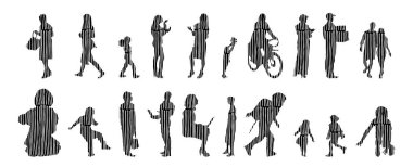 Vektör siluetleri, insanların ana hatları, Contour çizimleri, insanların siluetleri, ikon kümesi izole edilmiş, oturan insanların silueti, mimari set
