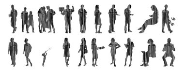 Vektör siluetleri, insanların ana hatları, Contour çizimleri, insanların siluetleri, ikon kümesi izole edilmiş, oturan insanların silueti, mimari set