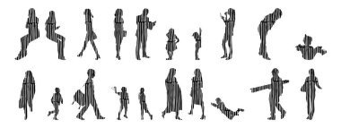 Vektör siluetleri, insanların ana hatları, Contour çizimleri, insanların siluetleri, ikon kümesi izole edilmiş, oturan insanların silueti, mimari set