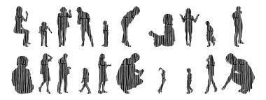 Vektör siluetleri, insanların ana hatları, Contour çizimleri, insanların siluetleri, ikon kümesi izole edilmiş, oturan insanların silueti, mimari set