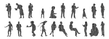 Vektör illüstrasyonu, insanların ana hatları, Contour çizimi, insanların silueti, ikon kümesi izole edilmiş, oturan insanların silueti, mimari set