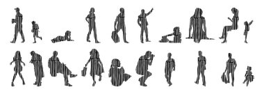 Vektör illüstrasyonu, insanların ana hatları, Contour çizimi, insanların silueti, ikon kümesi izole edilmiş, oturan insanların silueti, mimari set