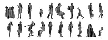 Vektör illüstrasyonu, insanların ana hatları, Contour çizimi, insanların silueti, ikon kümesi izole edilmiş, oturan insanların silueti, mimari set