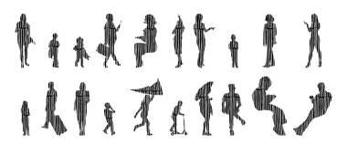 Vektör illüstrasyonu, insanların ana hatları, Contour çizimi, insanların silueti, ikon kümesi izole edilmiş, oturan insanların silueti, mimari set