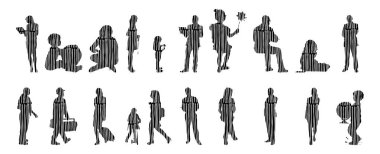 Vektör illüstrasyonu, insanların ana hatları, Contour çizimi, insanların silueti, ikon kümesi izole edilmiş, oturan insanların silueti, mimari set