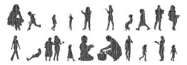 Vektör illüstrasyonu, insanların ana hatları, Contour çizimi, insanların silueti, ikon kümesi izole edilmiş, oturan insanların silueti, mimari set