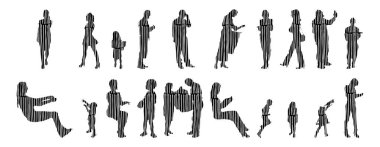 Vektör illüstrasyonu, insanların ana hatları, Contour çizimi, insanların silueti, ikon kümesi izole edilmiş, oturan insanların silueti, mimari set