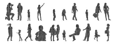 Vektör illüstrasyonu, insanların ana hatları, Contour çizimi, insanların silueti, ikon kümesi izole edilmiş, oturan insanların silueti, mimari set