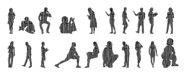 Vektör illüstrasyonu, insanların ana hatları, Contour çizimi, insanların silueti, ikon kümesi izole edilmiş, oturan insanların silueti, mimari set