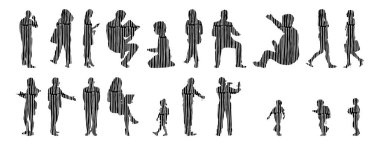 Vektör illüstrasyonu, insanların ana hatları, Contour çizimi, insanların silueti, ikon kümesi izole edilmiş, oturan insanların silueti, mimari set