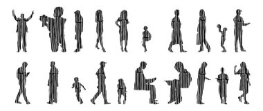 Vektör illüstrasyonu, insanların ana hatları, Contour çizimi, insanların silueti, ikon kümesi izole edilmiş, oturan insanların silueti, mimari set