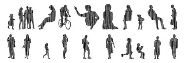 Vektör illüstrasyonu, insanların ana hatları, Contour çizimi, insanların silueti, ikon kümesi izole edilmiş, oturan insanların silueti, mimari set