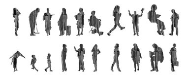 Vektör illüstrasyonu, insanların ana hatları, Contour çizimi, insanların silueti, ikon kümesi izole edilmiş, oturan insanların silueti, mimari set