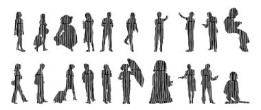 Vektör illüstrasyonu, insanların ana hatları, Contour çizimi, insanların silueti, ikon kümesi izole edilmiş, oturan insanların silueti, mimari set