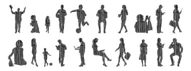 Vektör illüstrasyonu, insanların ana hatları, Contour çizimi, insanların silueti, ikon kümesi izole edilmiş, oturan insanların silueti, mimari set