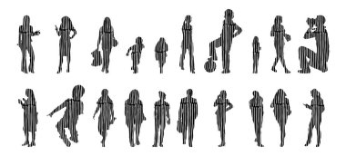 Vektör illüstrasyonu, insanların ana hatları, Contour çizimi, insanların silueti, ikon kümesi izole edilmiş, oturan insanların silueti, mimari set