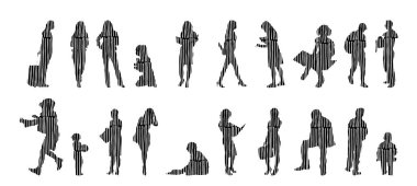 Vektör illüstrasyonu, insanların ana hatları, Contour çizimi, insanların silueti, ikon kümesi izole edilmiş, oturan insanların silueti, mimari set