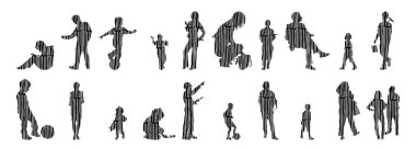 Vektör illüstrasyonu, insanların ana hatları, Contour çizimi, insanların silueti, ikon kümesi izole edilmiş, oturan insanların silueti, mimari set