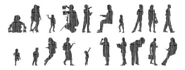 Vektör illüstrasyonu, insanların ana hatları, Contour çizimi, insanların silueti, ikon kümesi izole edilmiş, oturan insanların silueti, mimari set