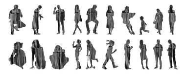 Vektör illüstrasyonu, insanların ana hatları, Contour çizimi, insanların silueti, ikon kümesi izole edilmiş, oturan insanların silueti, mimari set