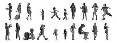 Vektör illüstrasyonu, insanların ana hatları, Contour çizimi, insanların silueti, ikon kümesi izole edilmiş, oturan insanların silueti, mimari set