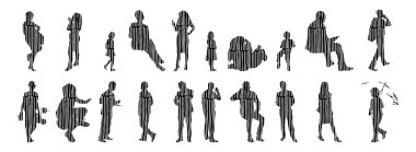 Vektör illüstrasyonu, insanların ana hatları, Contour çizimi, insanların silueti, ikon kümesi izole edilmiş, oturan insanların silueti, mimari set