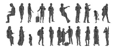 Vektör illüstrasyonu, insanların ana hatları, Contour çizimi, insanların silueti, ikon kümesi izole edilmiş, oturan insanların silueti, mimari set